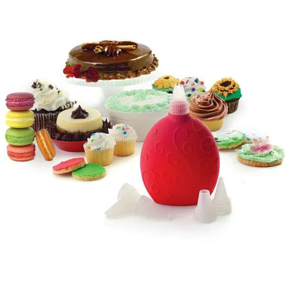 Red silicone decorating bottle and various decorated desserts.