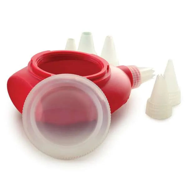 Red silicone decorating bottle with multiple white piping tips.