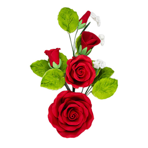 Red tea rose spray made of gum paste with open blooms, buds, and green leaves, measuring 7 inches tall.