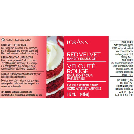 LorAnn Red Velvet Bakery Emulsion label with red velvet cake image, 4 fl oz, adds bold color and flavor to baked goods.