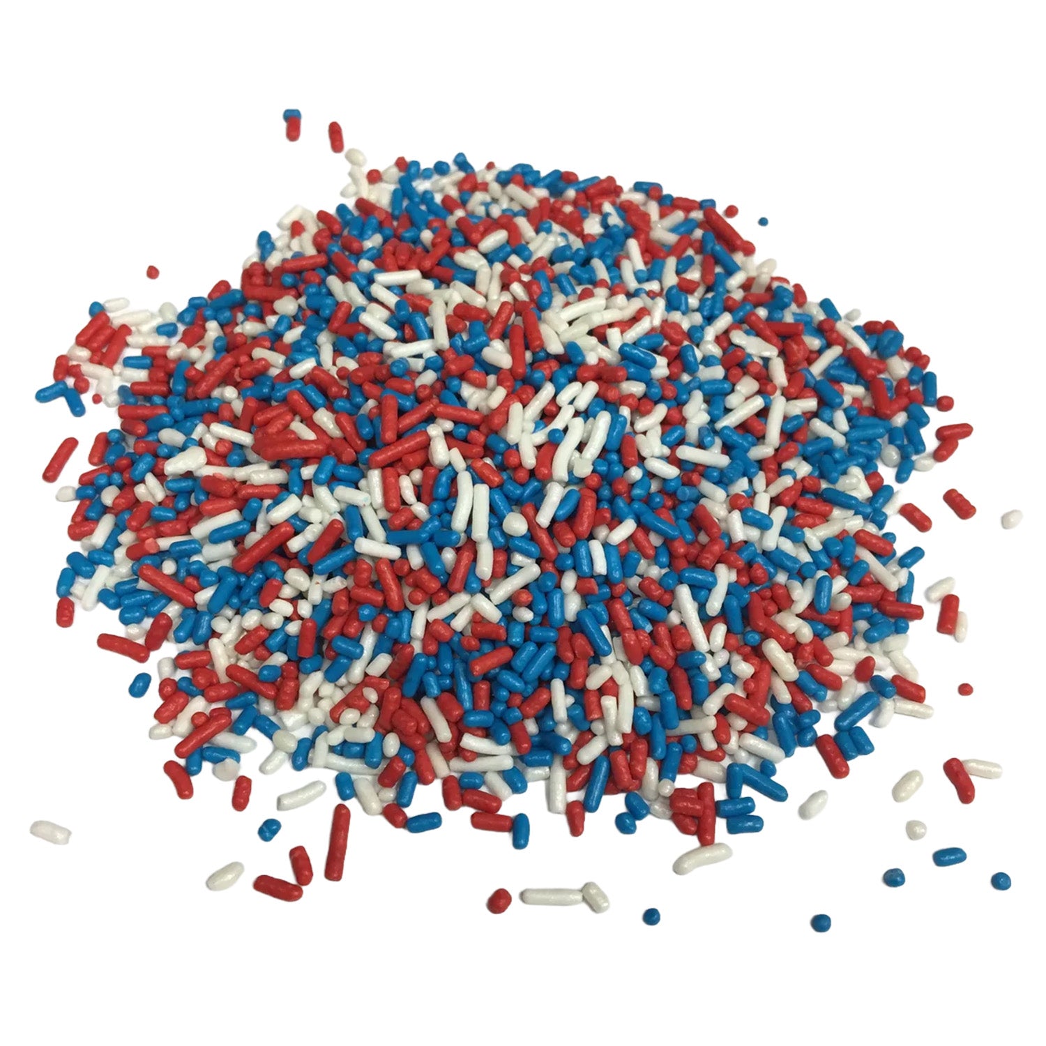 Pile of red, white, and blue jimmies sprinkles scattered on a white background, shown as a patriotic sprinkle mix.