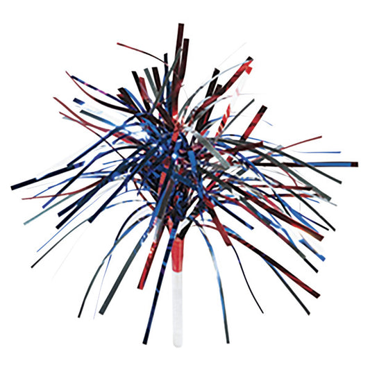 Red, white, and blue metallic pom-pom decoration with a white plastic handle.
