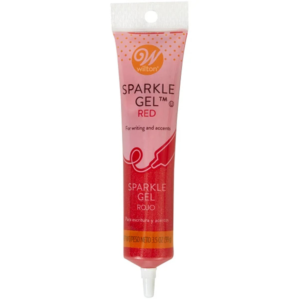 Wilton Red Sparkle Gel in a 3.5-ounce squeeze tube filled with vivid red shimmering decorating gel and a pointed piping tip.