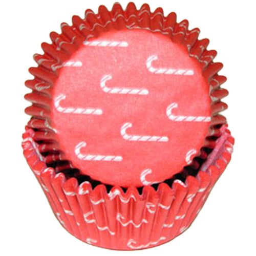 Red standard-size baking cup with white candy cane pattern, stacked in a set.