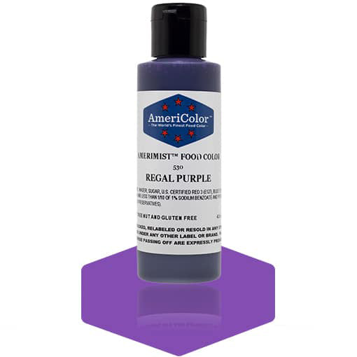 AmeriMist Regal Purple airbrush food coloring in a 4.5 oz bottle by AmeriColor, shown with a swatch of bold purple beneath the bottle