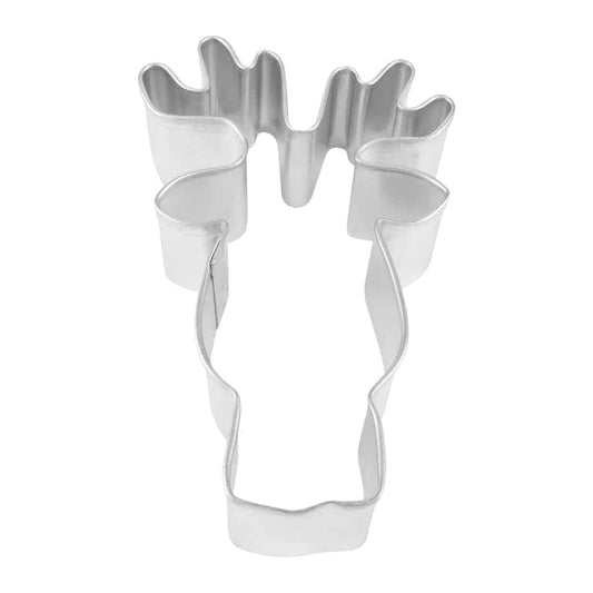 Metal reindeer face cookie cutter with detailed antlers, measuring 3.5 inches, perfect for holiday baking and themed treats.