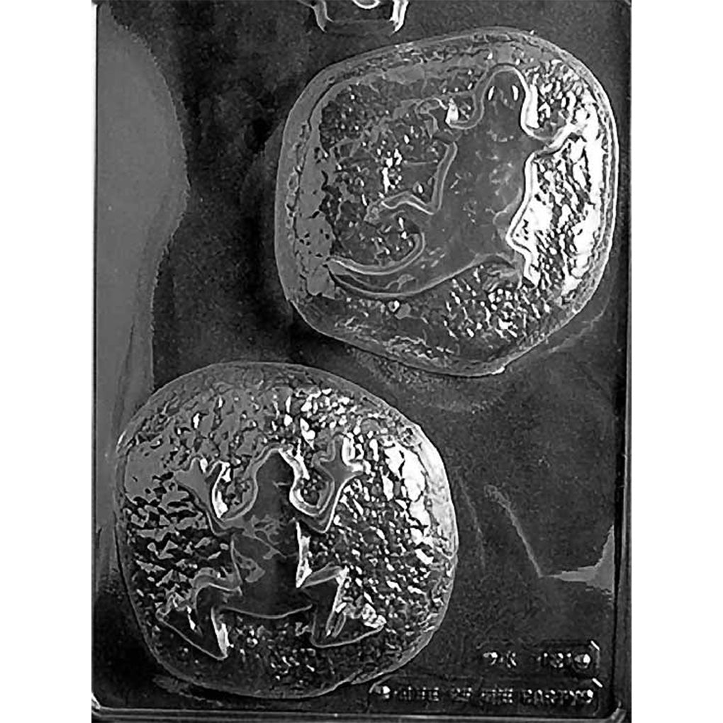Two-cavity reptile rocks chocolate mold with raised lizard and frog designs on textured stone shapes, each measuring 4 1/2 inches wide