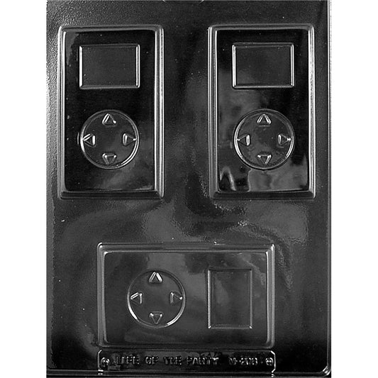 Clear plastic chocolate mold with three MP3 player cavities, including two vertical designs and one horizontal design, each with a screen and circular button pad.