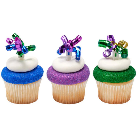 Close-up of a colorful ribbon cupcake pick with curled red, yellow, green, and blue ribbon loops attached to a white plastic pick.