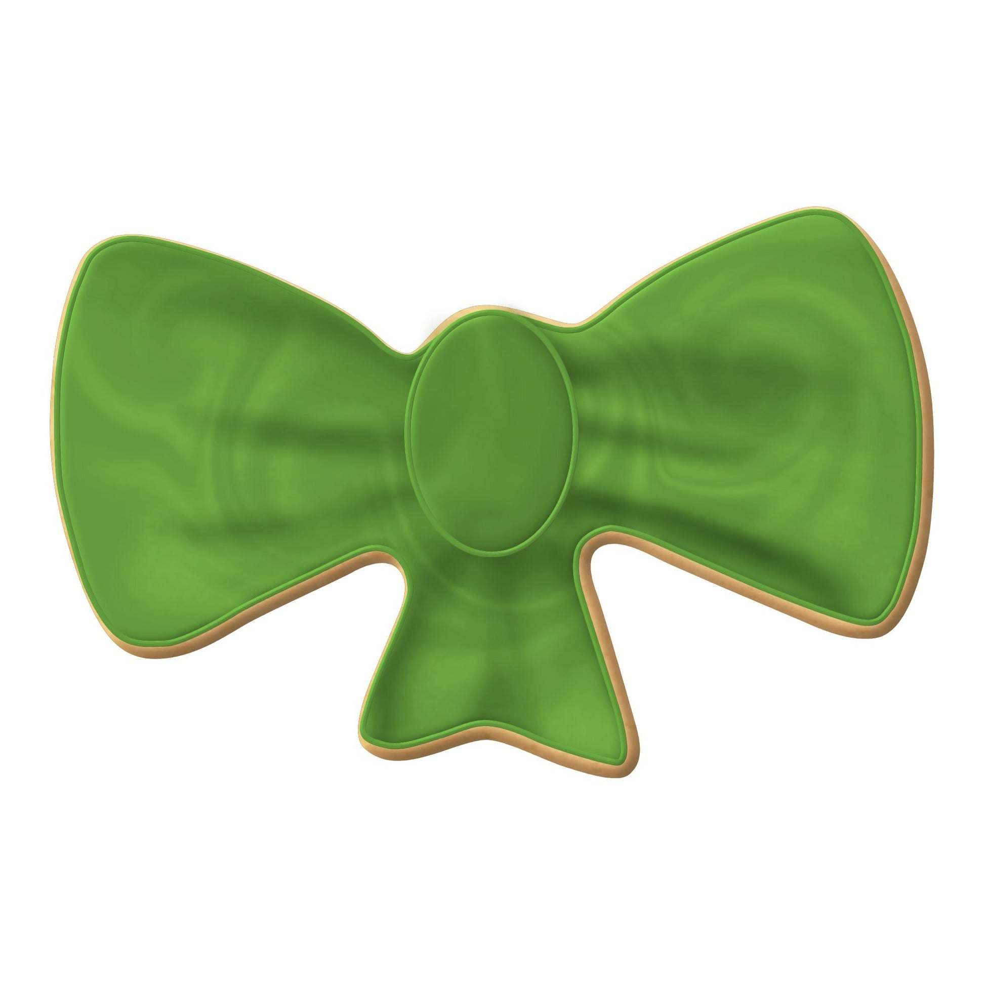 Decorated bow-shaped cookie with green icing, created using a 2-inch bow cookie cutter.