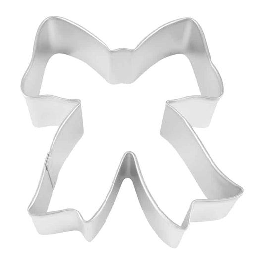 Ribbon or bow-shaped metal cookie cutter, shown from a top-down view.