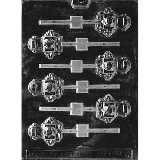 Clear chocolate lollipop mold with six retro robot-shaped cavities featuring boxy bodies, rounded heads, arms, and circular center panels.