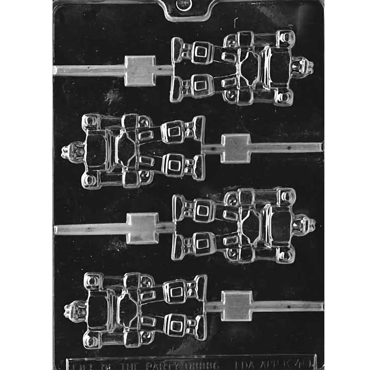 Four-cavity robot chocolate lollipop mold with matching mechanical robots, segmented limbs, chest panels, helmet-style heads, and stick channels.