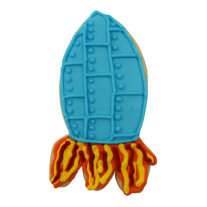 Decorated rocket cookie with blue icing and red and yellow flame details.