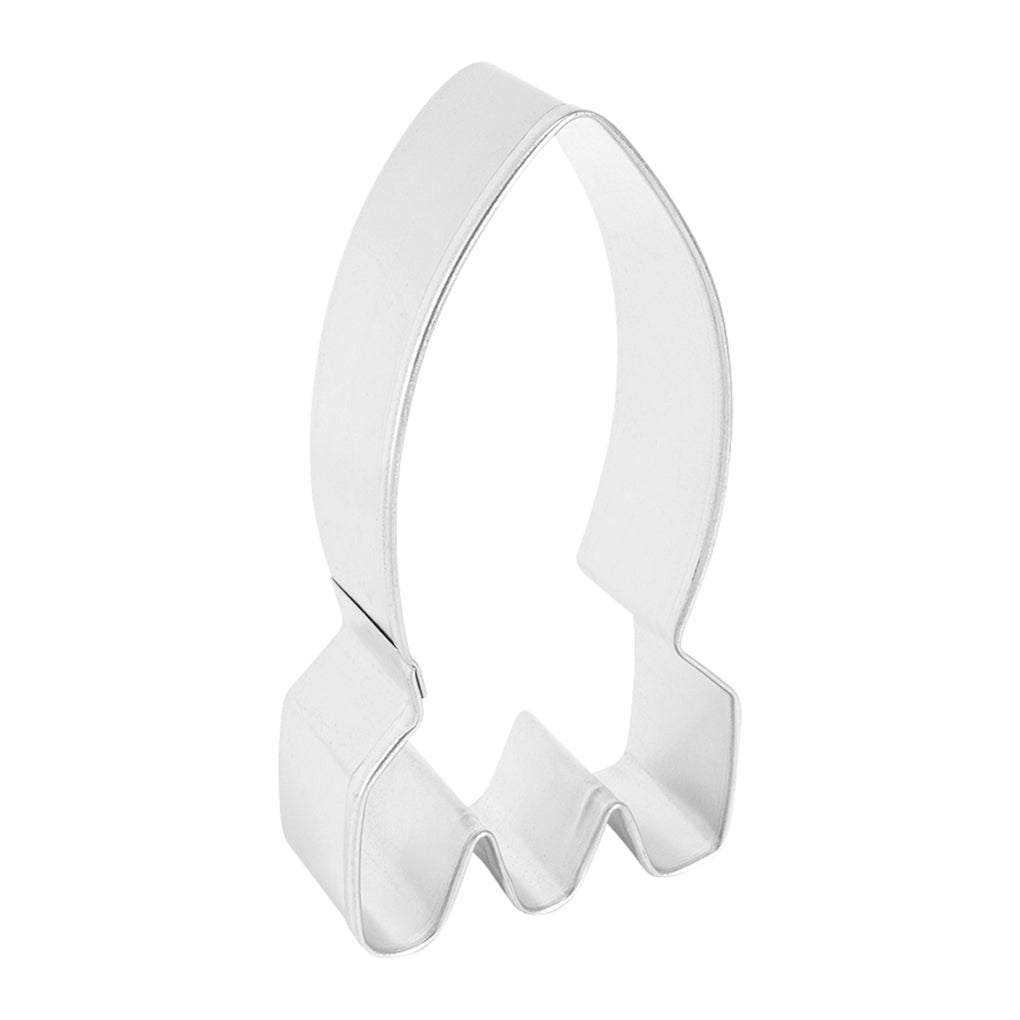 Side view of the rocket cookie cutter, showing its pointed top and flame-shaped base.