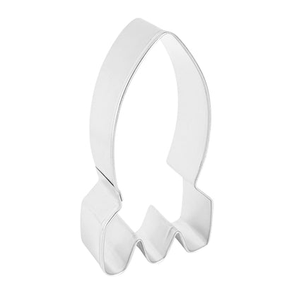 Side view of the rocket cookie cutter, showing its pointed top and flame-shaped base.