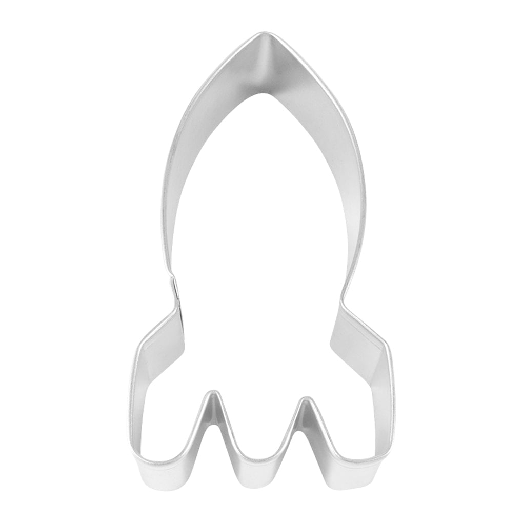 Tinplated steel rocket-shaped cookie cutter, measuring 4 inches tall.