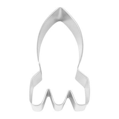 Tinplated steel rocket-shaped cookie cutter, measuring 4 inches tall.