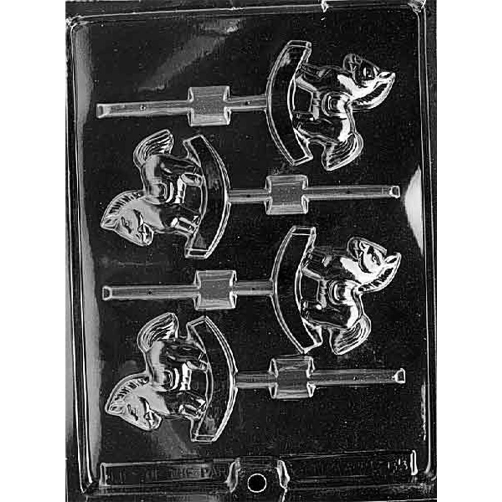 Four-cavity rocking horse chocolate lollipop mold with detailed saddles and curved rockers, measuring approximately 2 1/2 x 2 3/4 inches