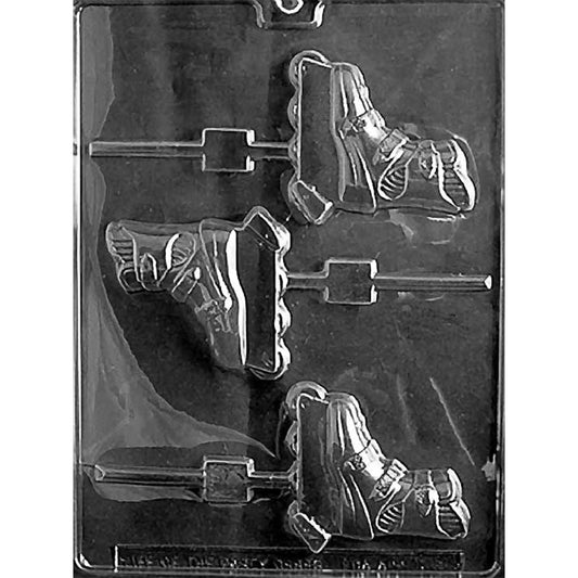 Roller blade chocolate lollipop mold with 3 detailed skate cavities, wheel designs and built-in stick channels