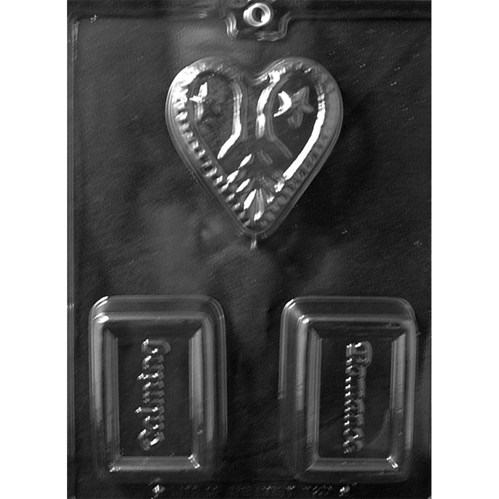 Three-cavity romance chocolate bar mold with a star and tree-line heart design plus framed rectangular bars reading Romance and Calming