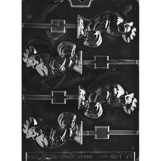 Rooster chocolate lollipop mold with four detailed rooster-shaped cavities on a dark background, showing feather and comb details for chocolate candy pops.