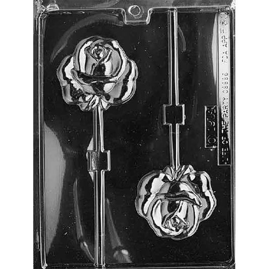 Clear plastic chocolate lollipop mold with two detailed rose blossom cavities, featuring layered petals, sculpted centers, and channels for lollipop sticks.