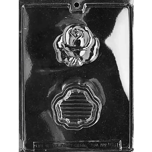 Two-cavity rose pour box chocolate mold with a sculpted blossom lid and deep flower-shaped base, making one 3 3/8 x 3 1/4 x 1-inch candy box
