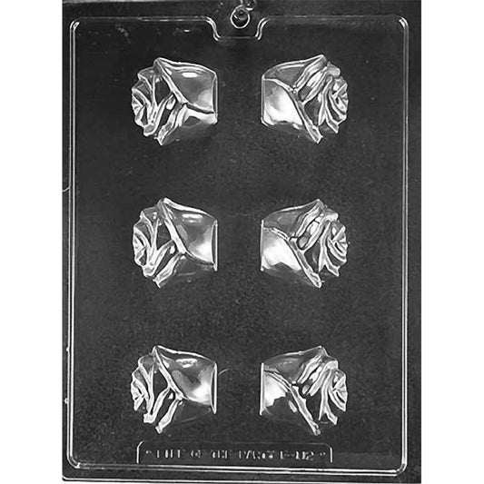 Six-cavity 3D rose chocolate mold with three matching half pairs for making three complete layered flower blossoms