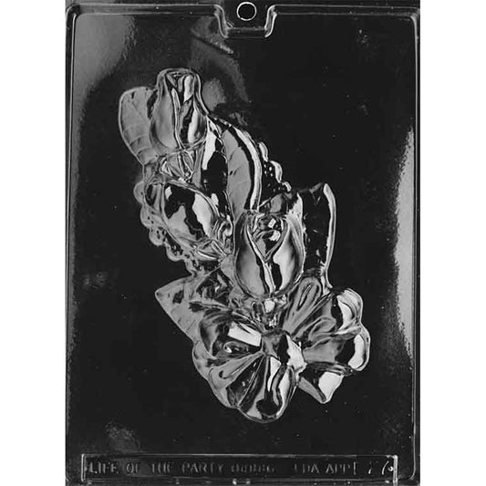 Single-cavity rose corsage chocolate mold measuring 4 1/4 x 7 5/8 inches with layered rosebuds, leaves, blossoms, and tied ribbon details