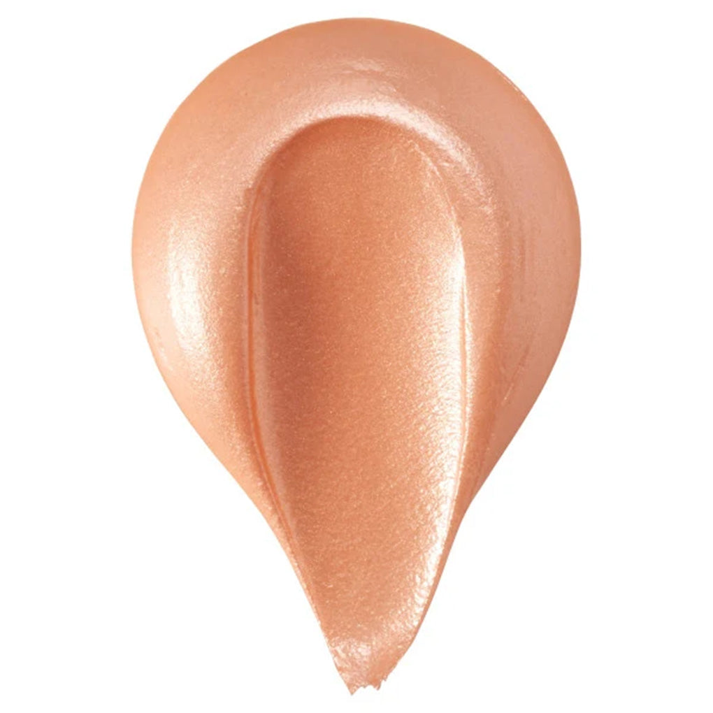 Close-up swatch of shimmering rose gold airbrush food coloring with a warm peach-copper metallic sheen on a white background.