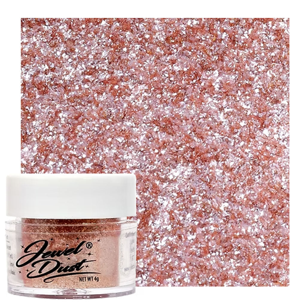 Rose gold Jewel Dust edible glitter jar with metallic pink shimmer swatch for cakes, cupcakes, and desserts.