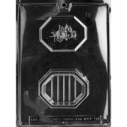 Clear plastic chocolate mold with two octagonal cavities: a rose-embossed lid plaque on top and a matching octagonal base plaque with vertical line detail below; shown on a dark background.