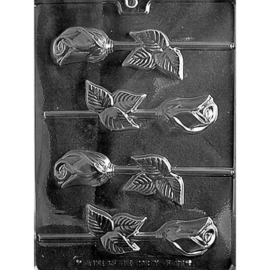 Four-cavity rose with three leaves chocolate lollipop mold featuring sculpted buds, veined leaves, and stick channels, 2 x 1 1/4 inches