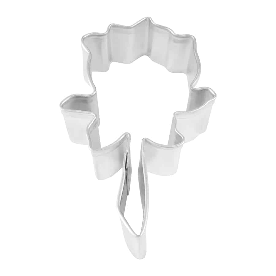 Steel rose-shaped cookie cutter, 3 inches tall with 1-inch depth, shown next to a decorated rose-shaped cookie with red petals and green leaves.