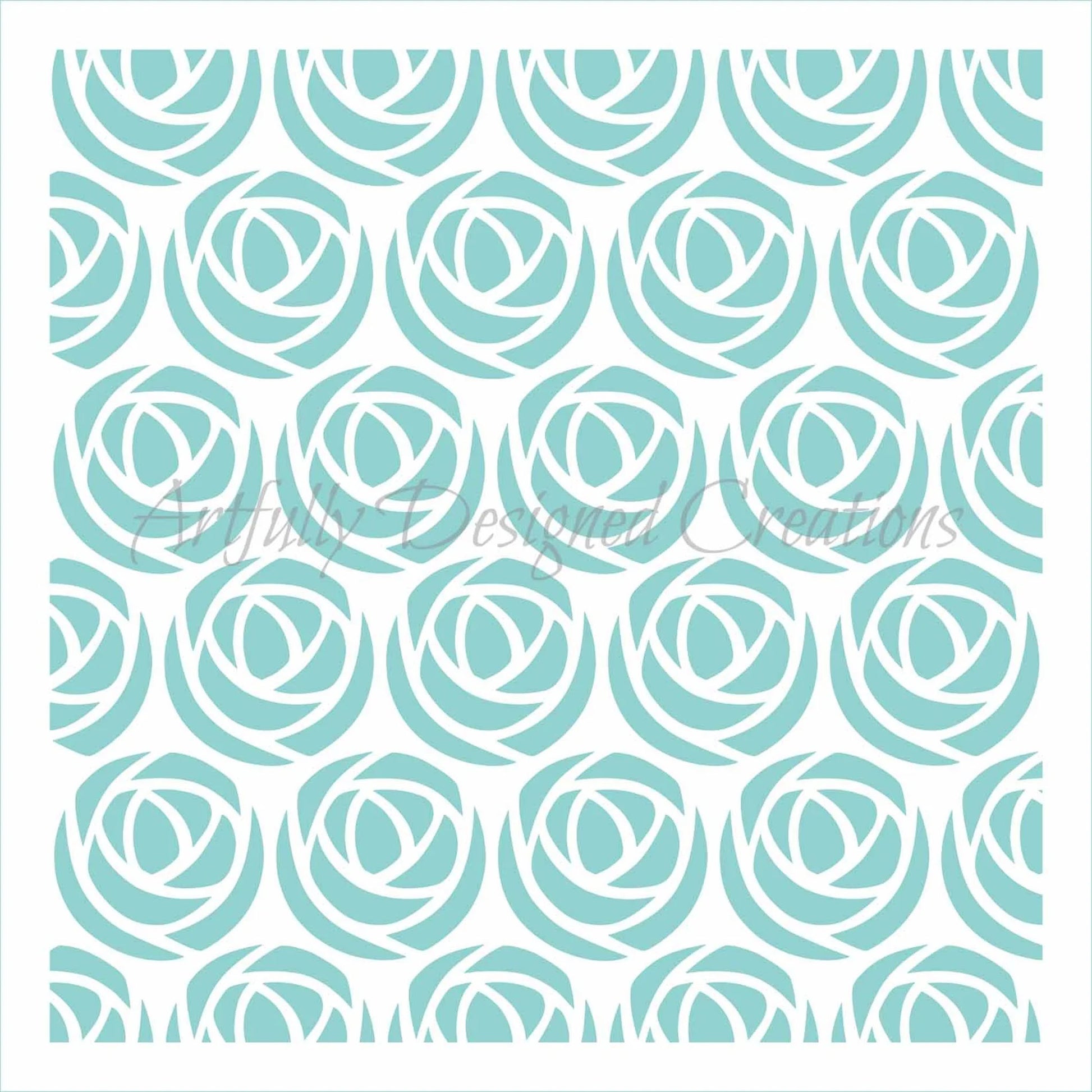 Rose pattern cake and cookie stencil made from food-grade plastic, featuring a repeating floral design in a 5.5-inch square layout.

