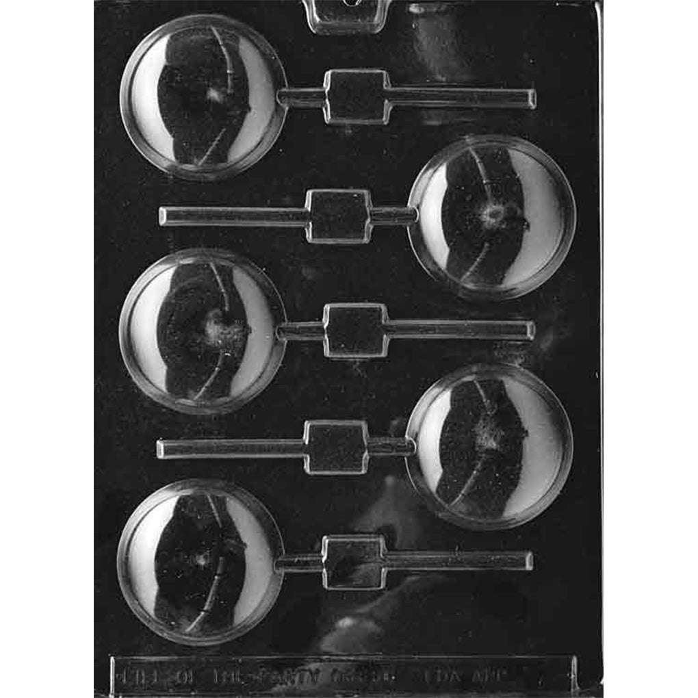 Clear chocolate lollipop mold with five smooth round cavities and straight stick channels arranged in alternating rows against a black background.