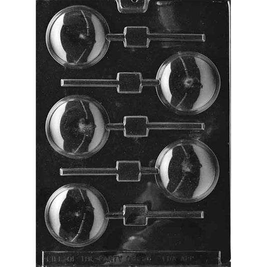 Clear chocolate lollipop mold with five smooth round cavities and straight stick channels arranged in alternating rows against a black background.