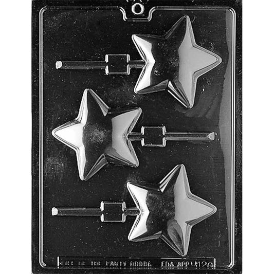 Clear chocolate lollipop mold with three large rounded star-shaped cavities, each featuring smooth puffed surfaces and straight stick channels.