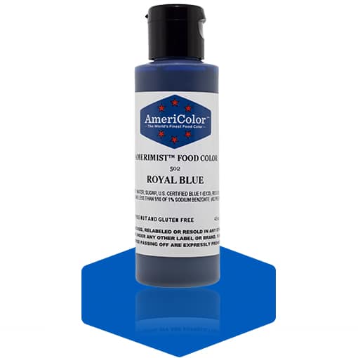 AmeriMist Royal Blue airbrush food coloring bottle (4.5 oz) by AmeriColor, shown with a vibrant blue swatch underneath the bottle.