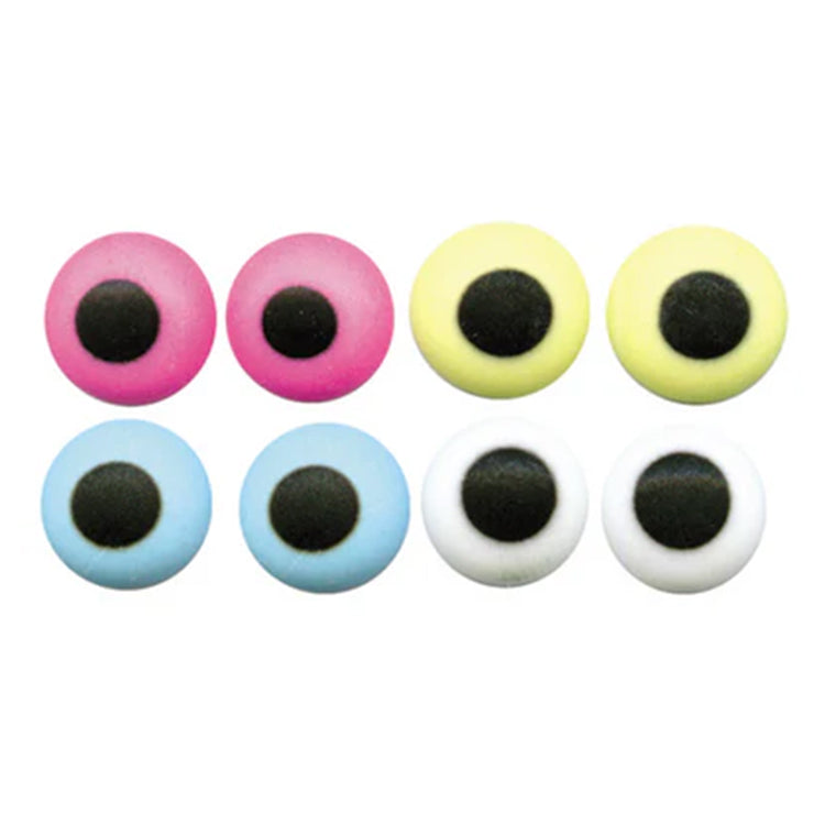 Assorted royal icing candy eyes in pink, yellow, blue, and white with black pupils, arranged in two rows on a white background.