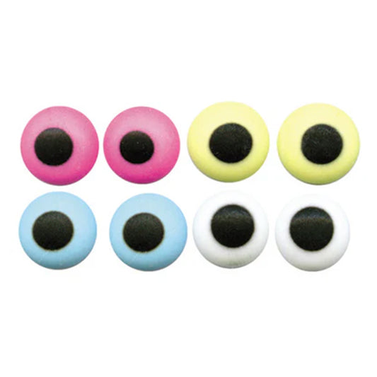 Assorted royal icing candy eyes in pink, yellow, blue, and white with black pupils, arranged in two rows on a white background.