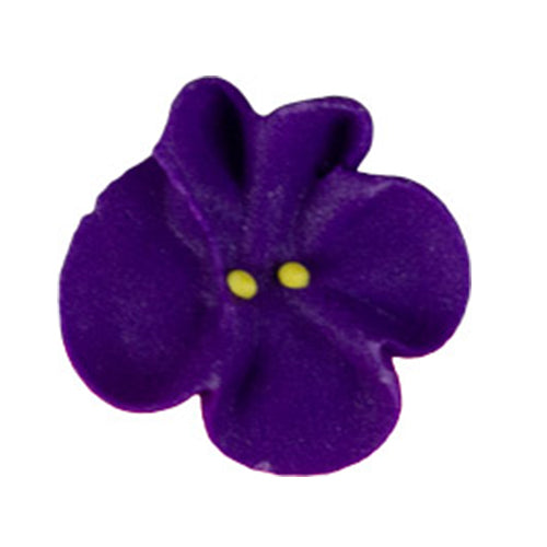 Purple royal icing violet flower with three rounded petals and two small yellow dots in the center, isolated on a white background.