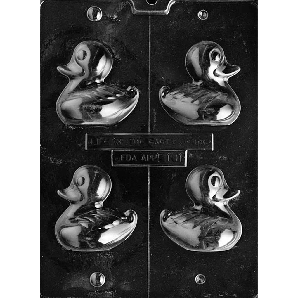 Clear plastic rubber ducky 3D chocolate mold with four duck-shaped half cavities, arranged in a grid and separated by a center seam line for forming a hollow duck.