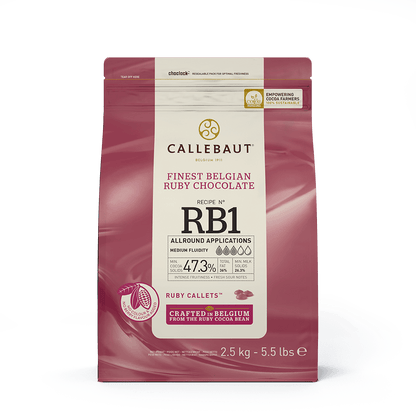 Callebaut Finest Belgian Ruby Chocolate in a 2.5 kg (5.5 lbs) bag, recipe RB1.