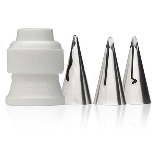 Ruffle piping tip set with three stainless steel ruffle tips and a white plastic coupler, cake decorating tool set
