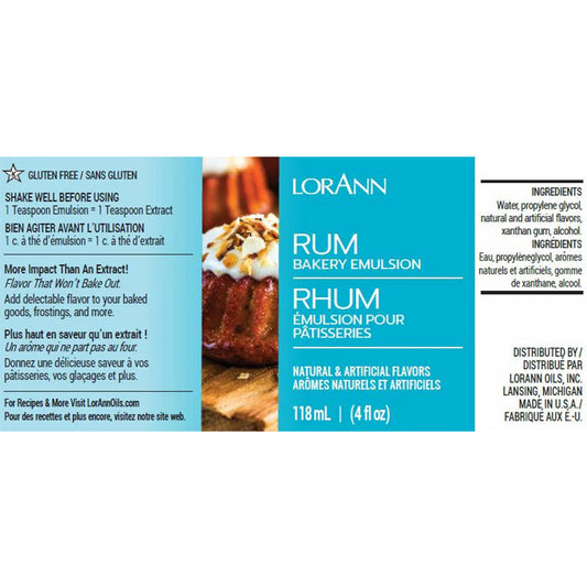 LorAnn Rum Bakery Emulsion label with image of glazed bundt cake, 4 fl oz, gluten-free with natural and artificial flavors.