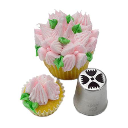 Cupcake topped with pointed pink multi-petal flowers created with Russian piping tip #258, alongside the piping tip showing its intricate floral cut-out design.