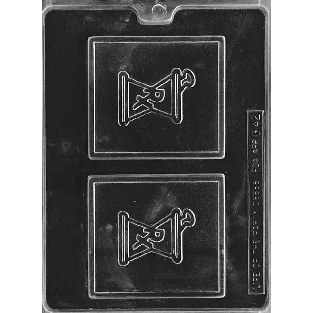 Plastic chocolate mold with two square Rx mortar-and-pestle plaque cavities.