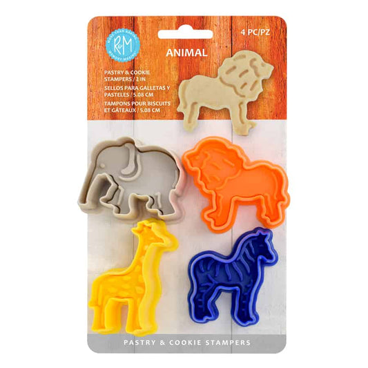 Animal-themed cookie stamper set in packaging, featuring a lion, elephant, zebra, and giraffe.